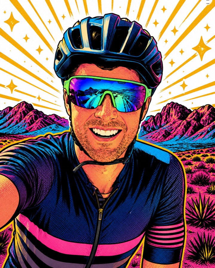 Peter Watling, co-founder of 33Mega, in pop-art style on his bike